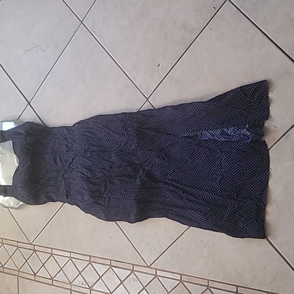 Vintage Navy Polka Dot V-neck Back Cut Out Strap Front Split Dress SZ 7/8 - Picture 2 of 16